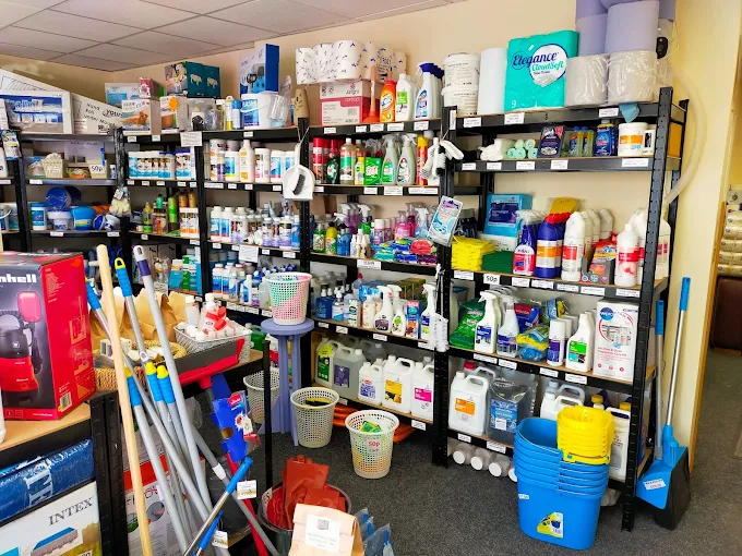 Shelves of pool, hot tub and cleaning supplies inside Chemical Box